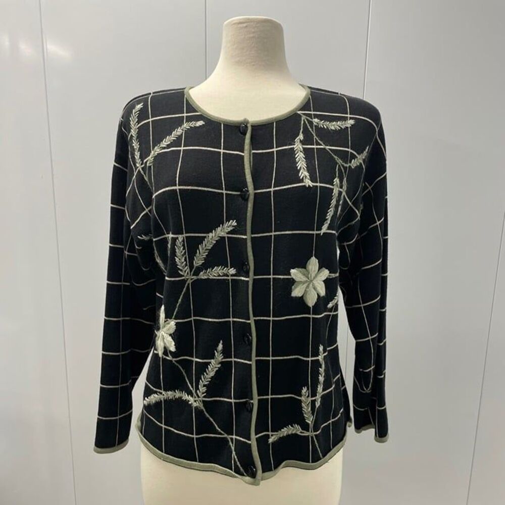 Christopher & Banks Black Cardigan Green Embroidered Design Size Medium